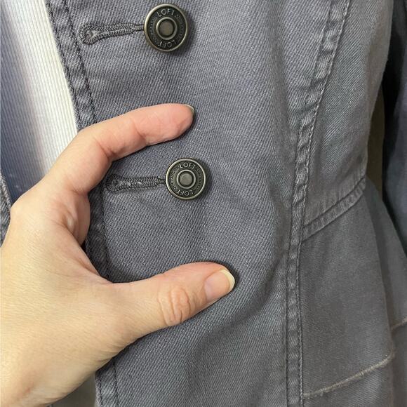 Ann Taylor Loft Military Style Denim Jacket 0 Gray Double Breasted Button Ruffle - Picture 2 of 8